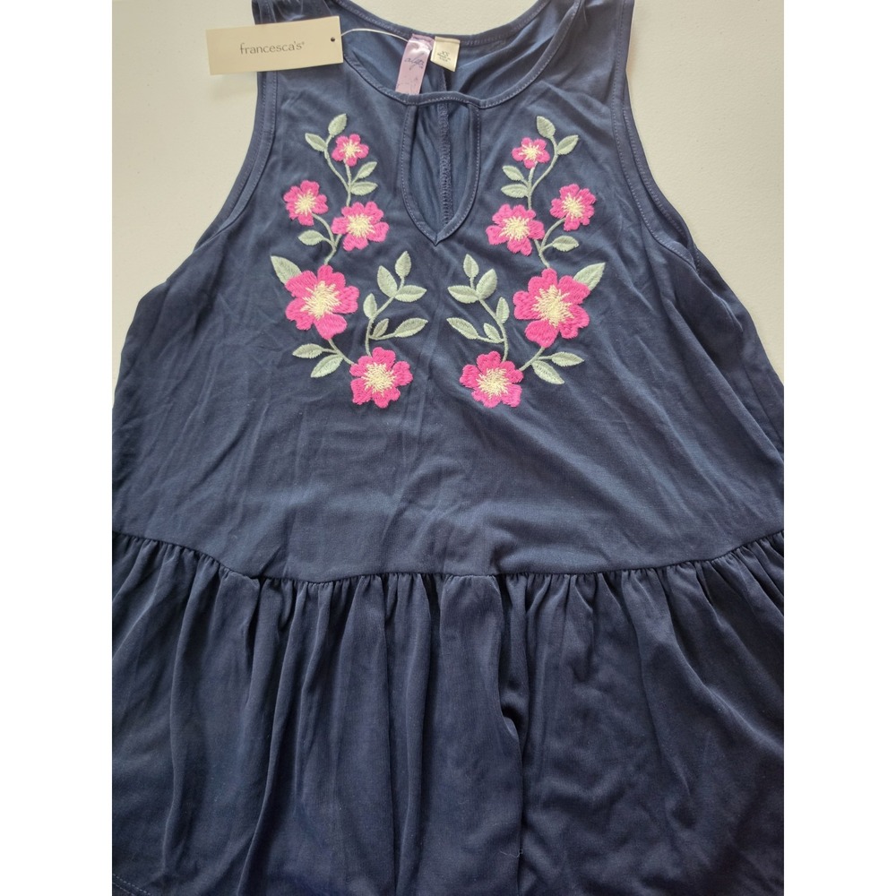 Francesca's Alya XS Navy Floral Embroidered Babydoll Tank Top Boho Cottagecore